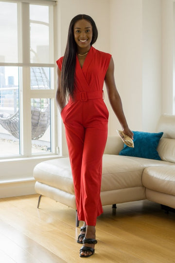 Red Belted Wrap Jumpsuit Double Second